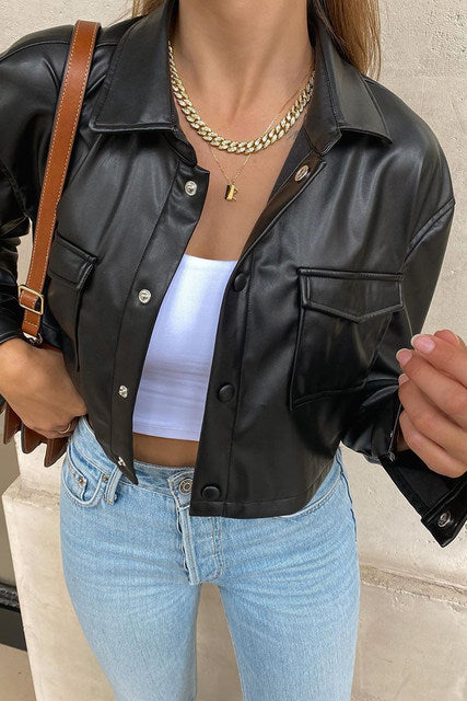 Women Crop Tops Leather Jacket Solid Color Black/White Long Sleeve