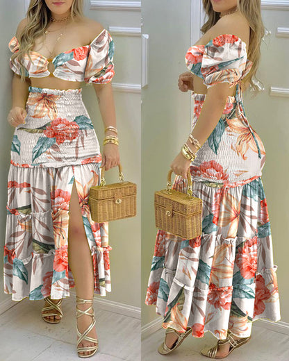 Floral Print O Neck Crop Top Shirr +Slit High Waist Women Maxi Skirt Sets