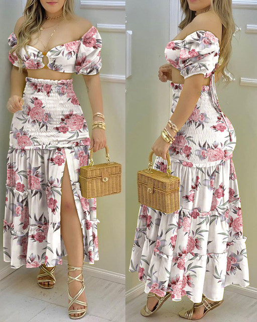 Floral Print O Neck Crop Top Shirr +Slit High Waist Women Maxi Skirt Sets