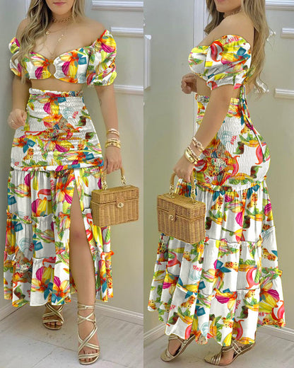 Floral Print O Neck Crop Top Shirr +Slit High Waist Women Maxi Skirt Sets