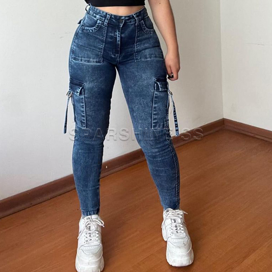 Vintage Streetwear Skinny Jeans Women Retro Y2K High Waist Jeans Casual Wash Cargo Pants Women