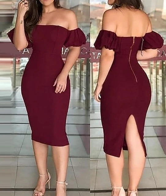 Long Skirt Women 2024Summer Elegant Sexy Solid Color Wine Red One Shoulder Bubble Sleeve Tight Fitting Loose Fitting Waist Dress