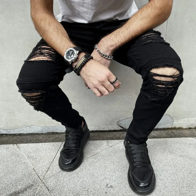 Men Ripped Stretch Skinny Black Biker Jeans Male Stylish