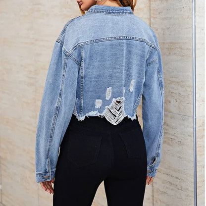 Women's Outerwear Fashion Denim Jacket Hole Torn Wish Short Casual Street Clothing Denim Jacket