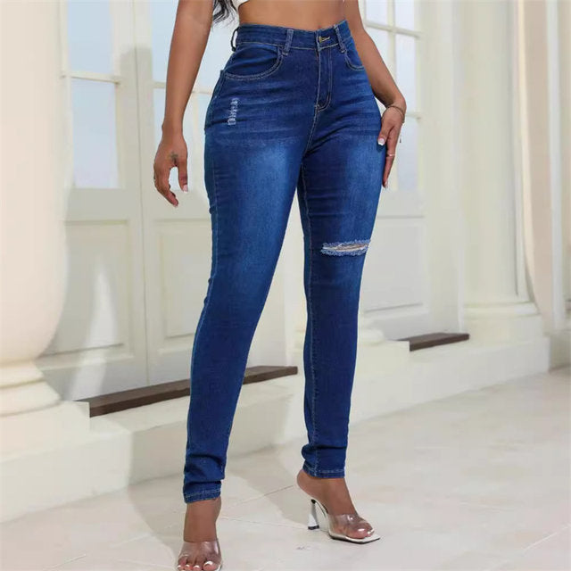 Women Slim Fit Hip Lift Pencil Jeans Fashion Broken Holes Commuter Casual Denim Pants Female New Streetwear Comfortable Trousers