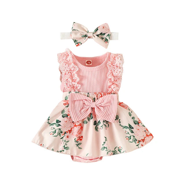 Infant Baby Girls Summer Jumpsuit Outfit Sets Flower Print Lace Sleeveless Round Neck Ruffled Bowknot Romper + Headband