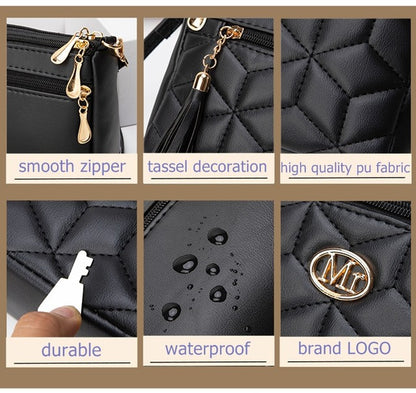 Double Zipper Crossbody Bag 2024 New Fashion PU Diamond Lattice Shoulder Bag Tassel Decoration More Zipper Pocket Large Capacity