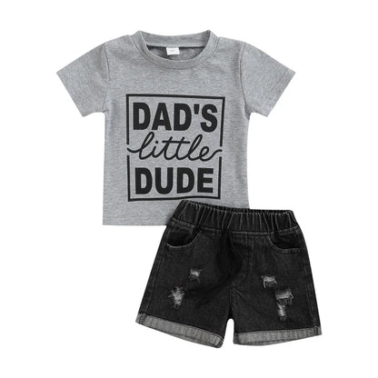 Baby Boys Two-piece Pants Suit, Grey Letters Print Round Neck T-shirt and Ripped Jeans, 3-24 Months