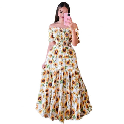 Long Evening Dress Elegant Floral Print Off Shoulder Evening Gown with Pleated A-line Skirt Backless Detail Women's Summer Party