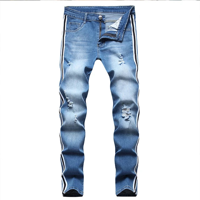 2024 Ripped Skinny White Jeans Men Vintage wash Side-Stripe Denim Pants Mens Casual Slim fit pencil denim Joggers Trousers