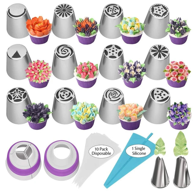 27pcs Russian Tulip Frosting Piping Nozzle Pastry Cream Tip Stainless Steel Nozzle Set Candy Decorating Utensils Baking CakeTool