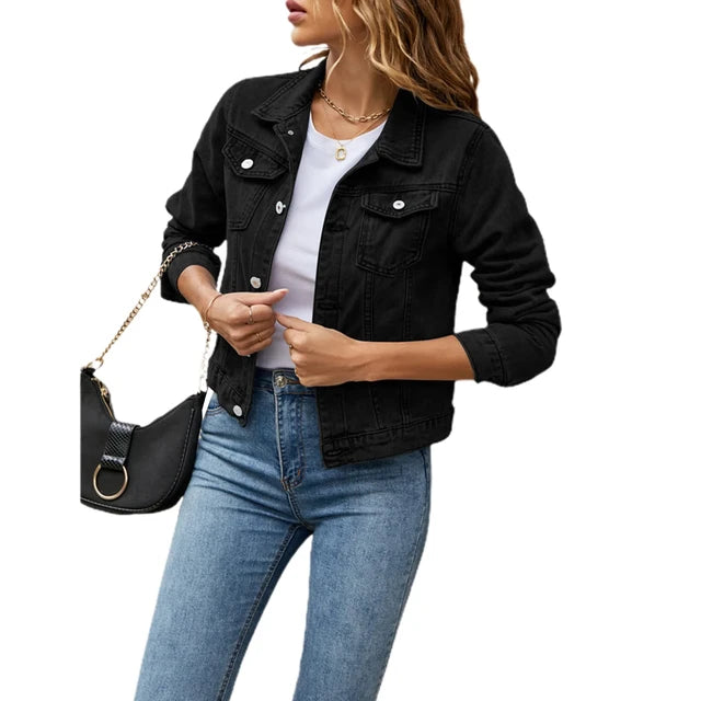 Denim Coat Casual Long Sleeve with Chest Pocket Lapel Collar Jean Jacket