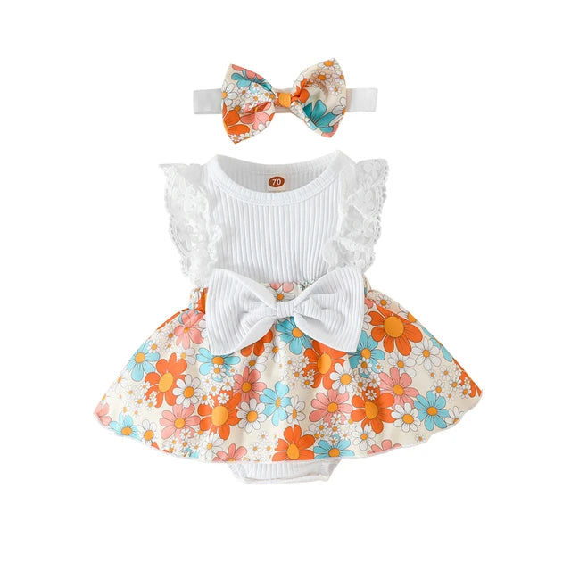 Infant Baby Girls Summer Jumpsuit Outfit Sets Flower Print Lace Sleeveless Round Neck Ruffled Bowknot Romper + Headband