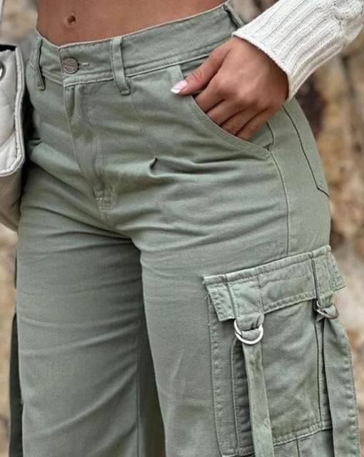 Green Cargo Pants Pocket Design High Waist Button Solid