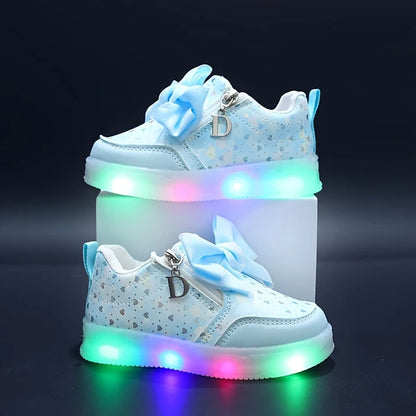 Trendy Cute Bowknot Low Top Sneakers With Light For Girls, Comfortable Wear-resistant Skateboard Shoes For All Seasons