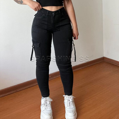 Vintage Streetwear Skinny Jeans Women Retro Y2K High Waist Jeans Casual Wash Cargo Pants Women