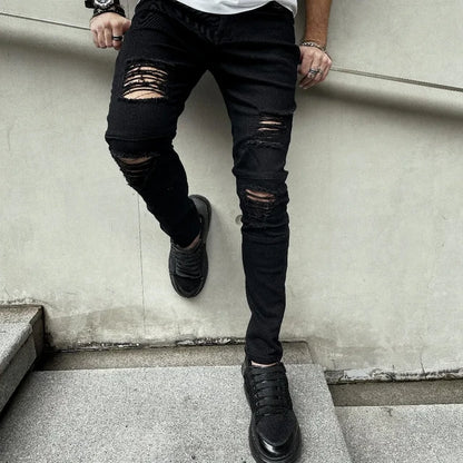 Men Ripped Stretch Skinny Black Biker Jeans Male Stylish