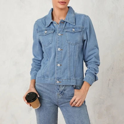 Denim Coat Casual Long Sleeve with Chest Pocket Lapel Collar Jean Jacket