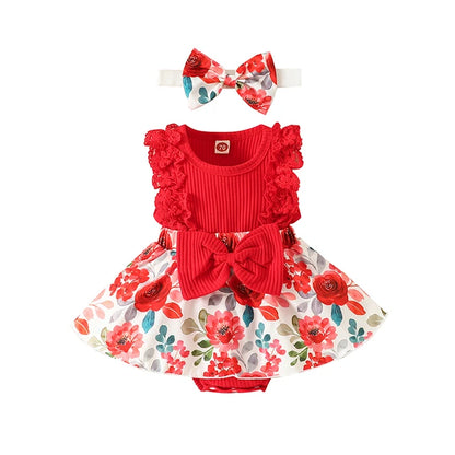 Infant Baby Girls Summer Jumpsuit Outfit Sets Flower Print Lace Sleeveless Round Neck Ruffled Bowknot Romper + Headband