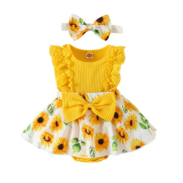 Infant Baby Girls Summer Jumpsuit Outfit Sets Flower Print Lace Sleeveless Round Neck Ruffled Bowknot Romper + Headband