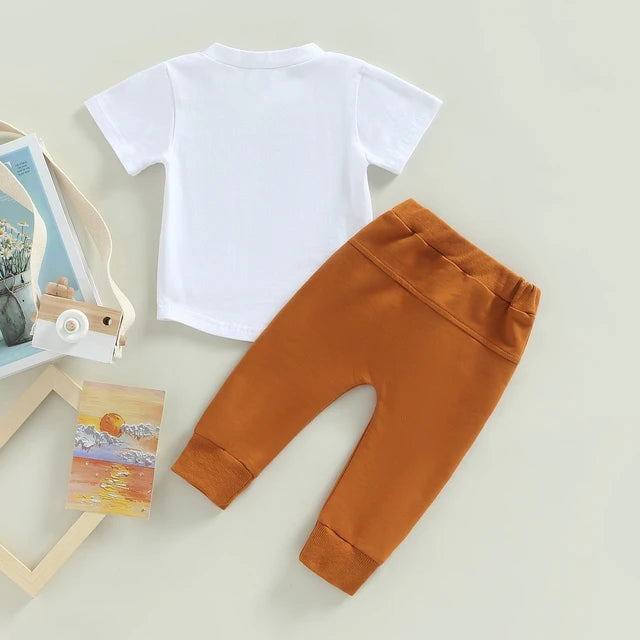 Newborn Baby Boys Pants Set, Short Sleeve Crew Neck Letters Print T-shirt + Elastic Waist Sweatpants 3M-3T