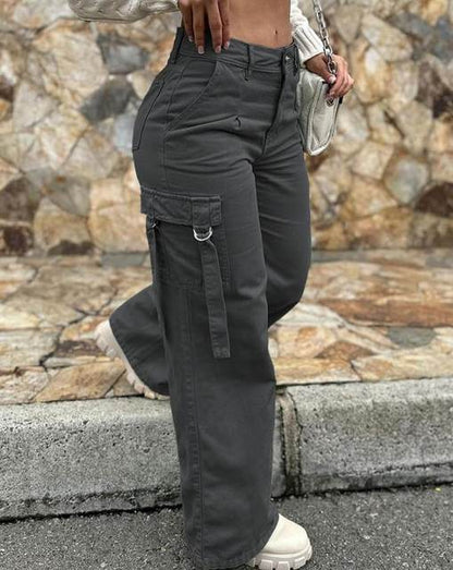 Green Cargo Pants Pocket Design High Waist Button Solid