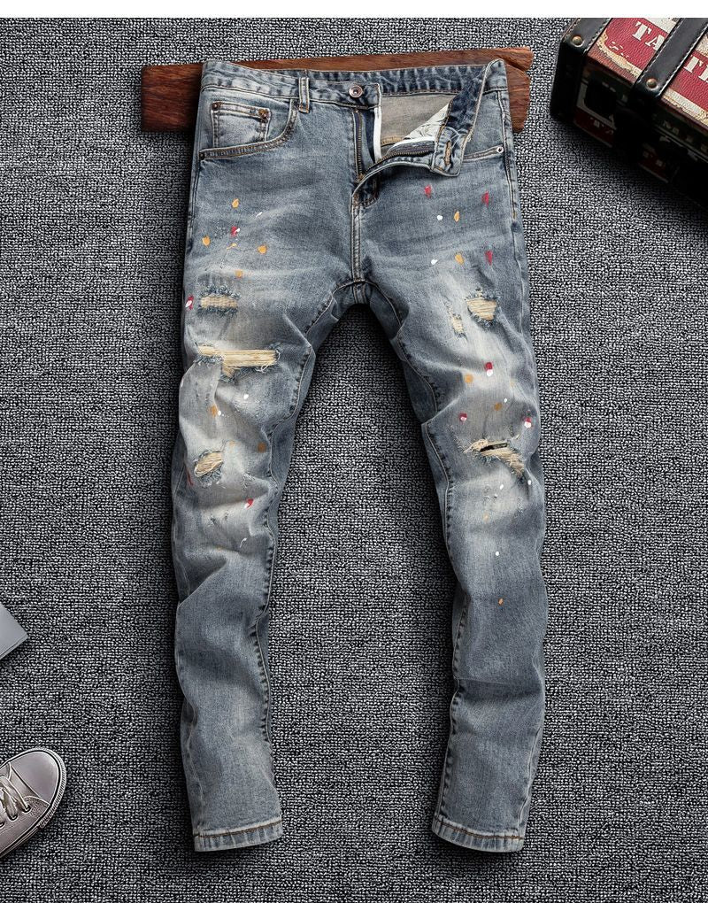 Men's Vintage Denim with Ripped Distressed Faded Slim-fit Jeans Printed High-end Streetwear Fashion Hip-hop Streetwear Jeans