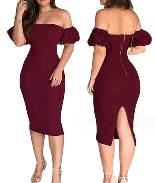 Long Skirt Women 2024Summer Elegant Sexy Solid Color Wine Red One Shoulder Bubble Sleeve Tight Fitting Loose Fitting Waist Dress