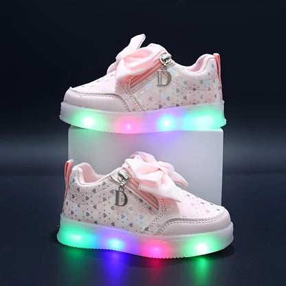 Trendy Cute Bowknot Low Top Sneakers With Light For Girls, Comfortable Wear-resistant Skateboard Shoes For All Seasons