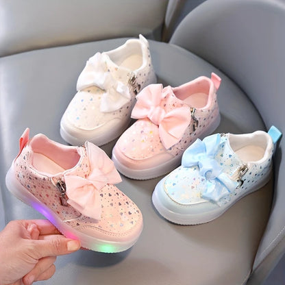 Trendy Cute Bowknot Low Top Sneakers With Light For Girls, Comfortable Wear-resistant Skateboard Shoes For All Seasons