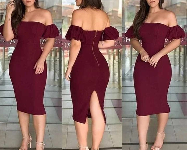 Long Skirt Women 2024Summer Elegant Sexy Solid Color Wine Red One Shoulder Bubble Sleeve Tight Fitting Loose Fitting Waist Dress