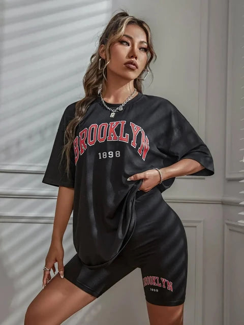 Brooklyn 1898 New York City Letter Graphic Print T-Shirts Set Women Summer Casual 2 Piece Set Oversized Shorts S-3Xl T Shirts