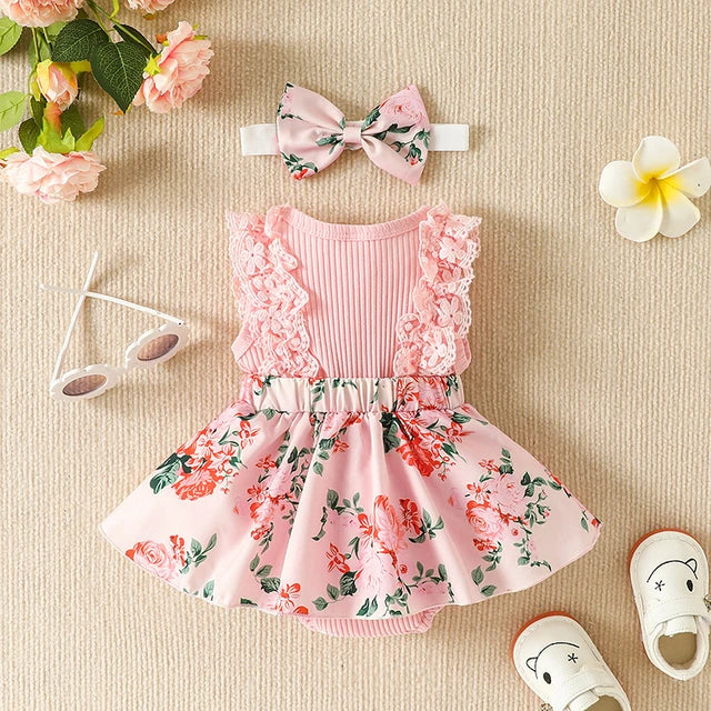 Infant Baby Girls Summer Jumpsuit Outfit Sets Flower Print Lace Sleeveless Round Neck Ruffled Bowknot Romper + Headband