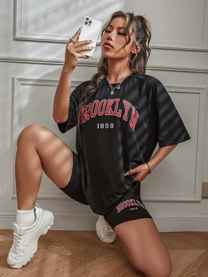 Brooklyn 1898 New York City Letter Graphic Print T-Shirts Set Women Summer Casual 2 Piece Set Oversized Shorts S-3Xl T Shirts