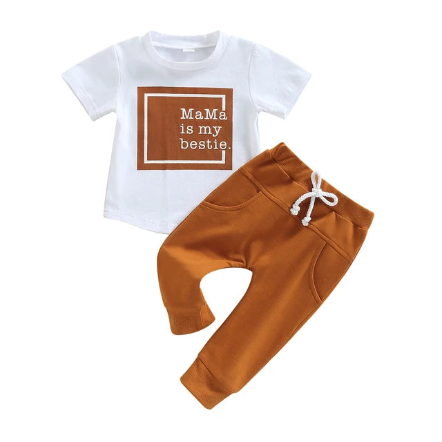 Newborn Baby Boys Pants Set, Short Sleeve Crew Neck Letters Print T-shirt + Elastic Waist Sweatpants 3M-3T