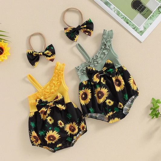 Baby Girl 2 Piece Summer Clothes Sets Sunflower Print Sleeveless Frill Trim Ribbed Romper + 3D Bow Headband Newborn Outfits