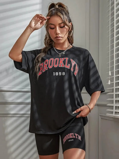 Brooklyn 1898 New York City Letter Graphic Print T-Shirts Set Women Summer Casual 2 Piece Set Oversized Shorts S-3Xl T Shirts