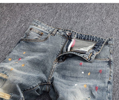 Men's Vintage Denim with Ripped Distressed Faded Slim-fit Jeans Printed High-end Streetwear Fashion Hip-hop Streetwear Jeans