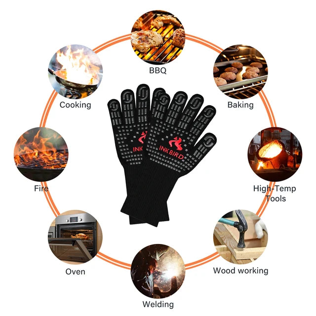 INKBIRD 14inch BBQ Grill Gloves 1472℉ Extreme Heat Resistant Grilling Glove Non-Slip Silicone Insulated Grill Mitts for Cooking