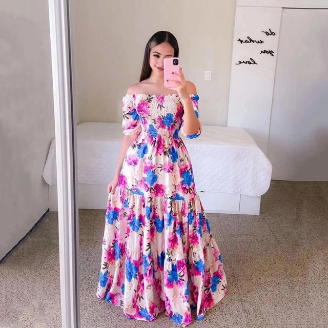 Long Evening Dress Elegant Floral Print Off Shoulder Evening Gown with Pleated A-line Skirt Backless Detail Women's Summer Party