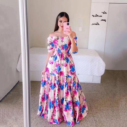 Long Evening Dress Elegant Floral Print Off Shoulder Evening Gown with Pleated A-line Skirt Backless Detail Women's Summer Party