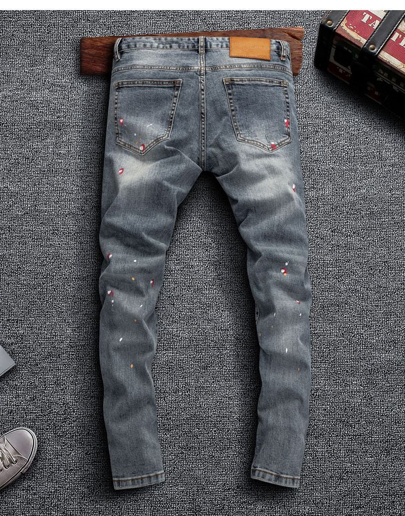 Men's Vintage Denim with Ripped Distressed Faded Slim-fit Jeans Printed High-end Streetwear Fashion Hip-hop Streetwear Jeans