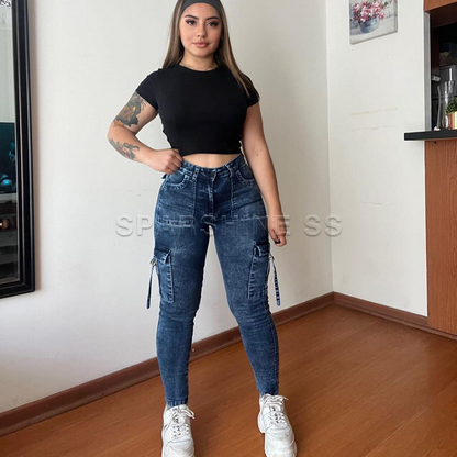 Vintage Streetwear Skinny Jeans Women Retro Y2K High Waist Jeans Casual Wash Cargo Pants Women