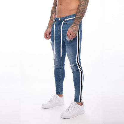 2024 Ripped Skinny White Jeans Men Vintage wash Side-Stripe Denim Pants Mens Casual Slim fit pencil denim Joggers Trousers