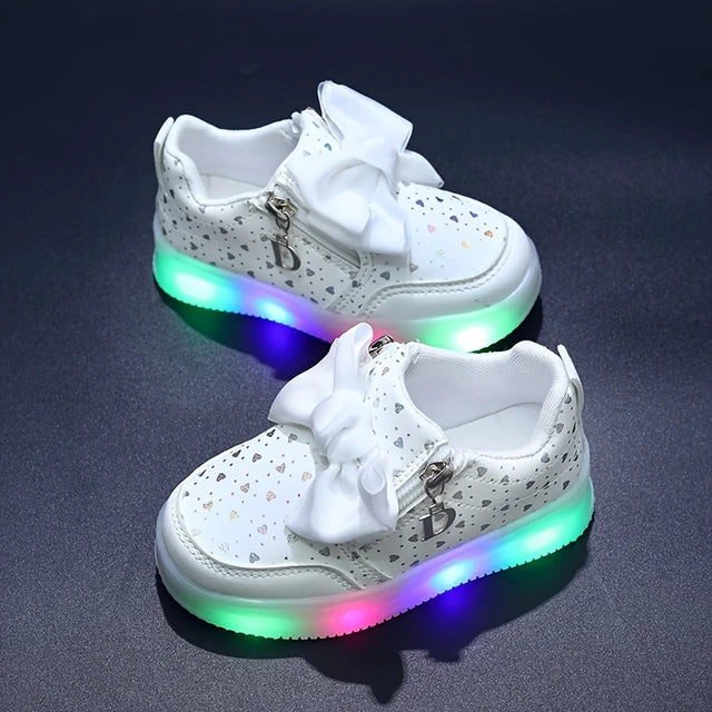 Trendy Cute Bowknot Low Top Sneakers With Light For Girls, Comfortable Wear-resistant Skateboard Shoes For All Seasons